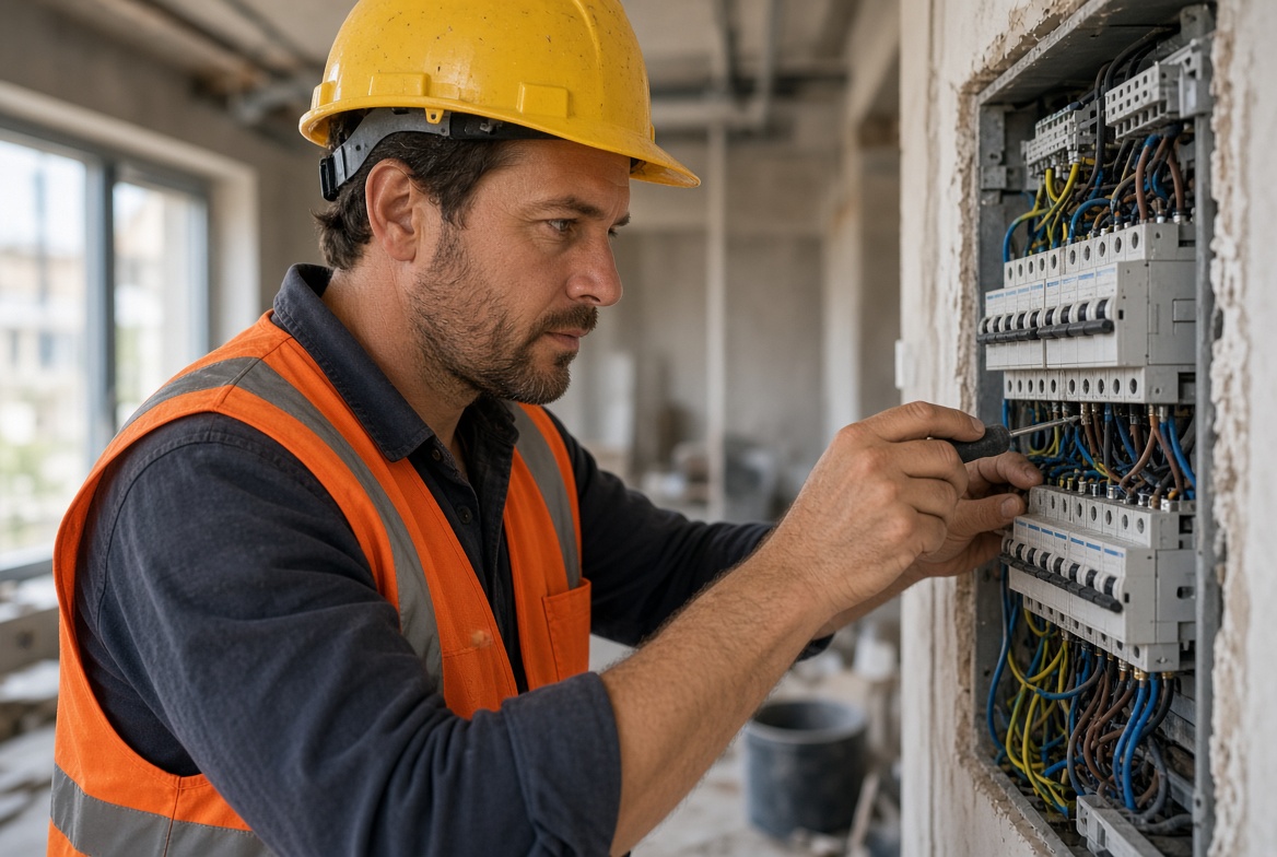 Électricien IMD Sud-Ouest au travail sur un chantier — installation électrique